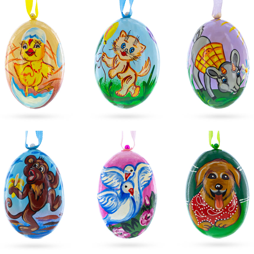 Wood Set of 6 Animals Wooden Christmas Ornaments 3 Inches in Multi color Oval