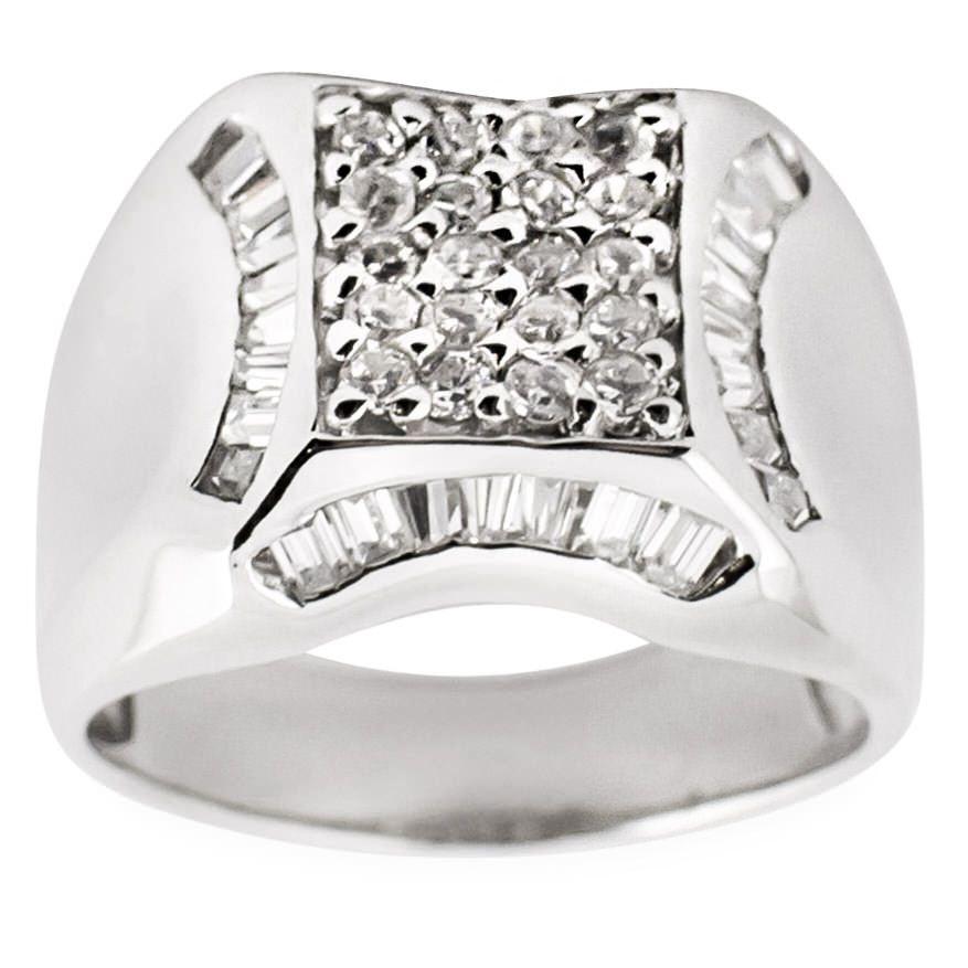 Sterling Silver CZ Rhodium Plated Sterling Silver Men's Ring (Size 10) in Silver color