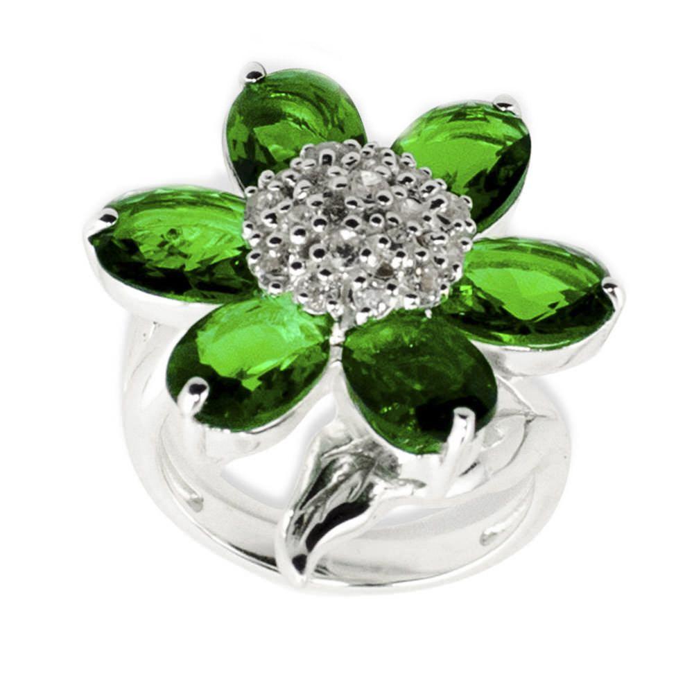 Sterling Silver Forest Green Flower Sterling Silver Ring (Size 7) in Green color