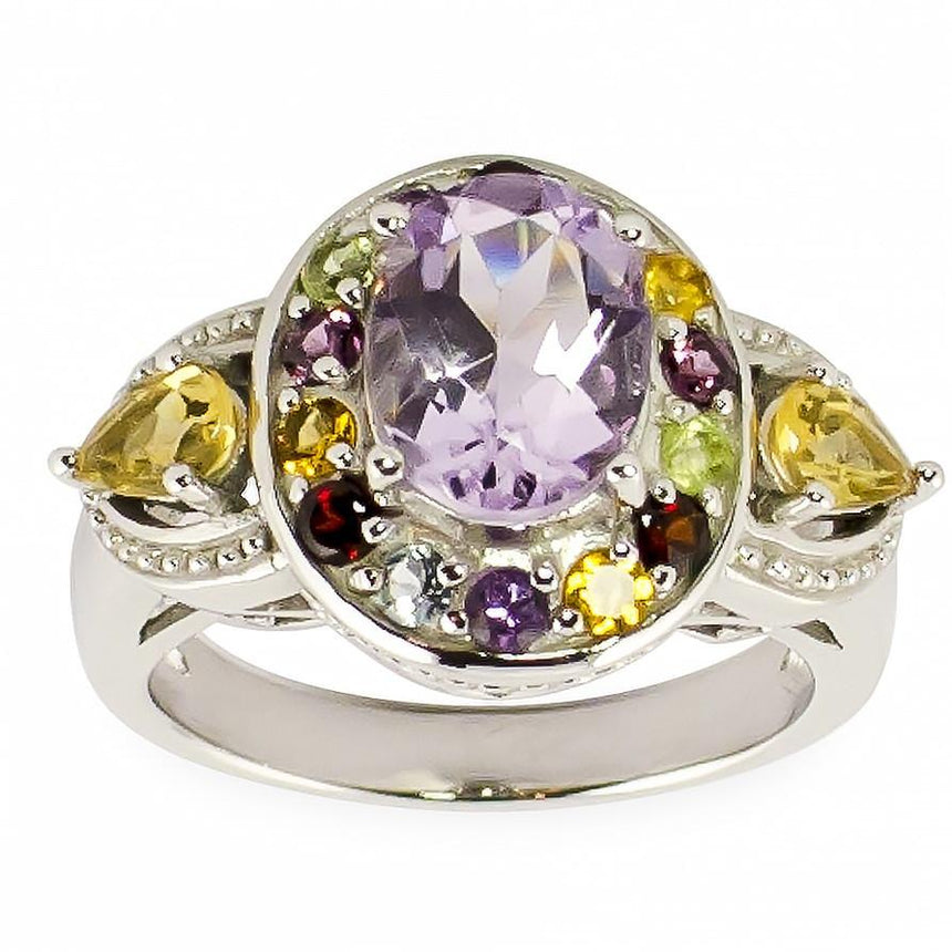 Sterling Silver Amethyst Rhodonite White Topaz and ect. Gemstones Sterling Silver Ring (Size 6) in Purple color