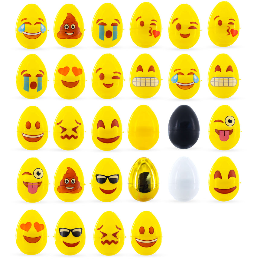 Plastic Set of 24 Facial Expressions Eggs + 1 Gold, 1 Black, 1 White & 1 Yellow Plastic Easter Eggs in Yellow color Oval