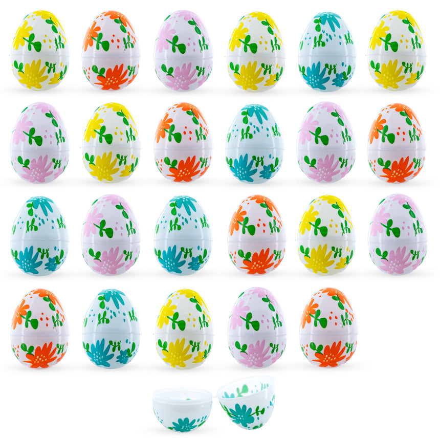 Plastic Set of 24 Flowers on White Plastic Easter Eggs, 2.25 Inches Each in Multi color Oval