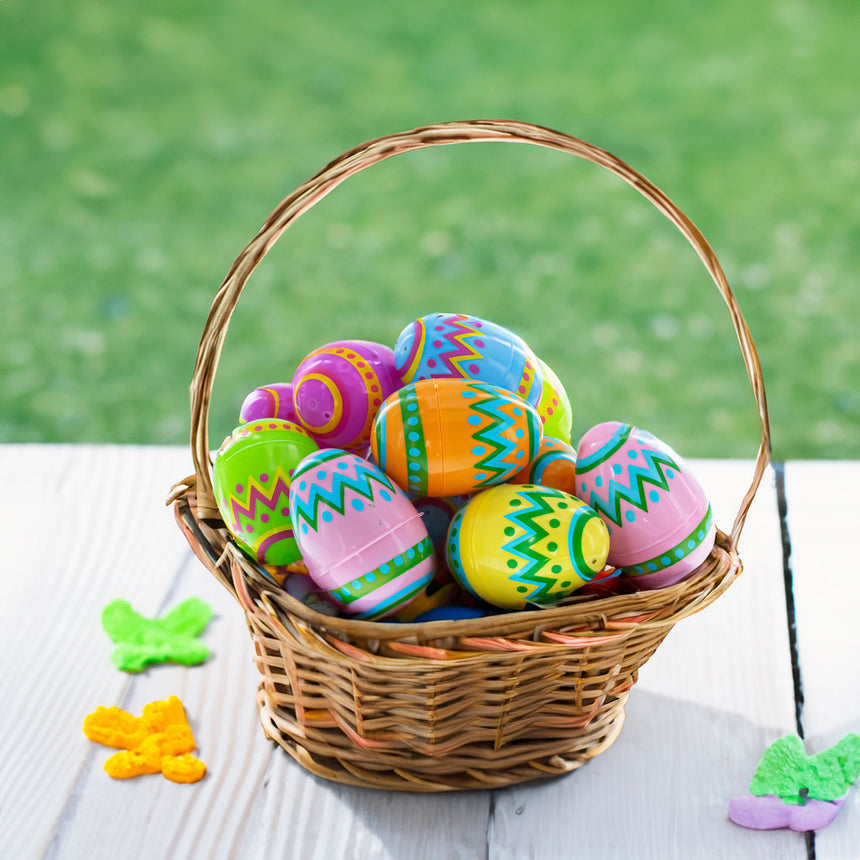 Vibrant Tradition: Set of 12 Large Ukrainian Geometric Pysanky Plastic Easter Eggs 3 Inches ,dimensions in inches: 3.05 x 2.2 x 2.2