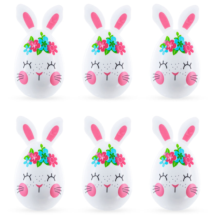 Plastic Bunny Blooms: Set of 6 Bunny with Flowers Plastic Easter Eggs in White color