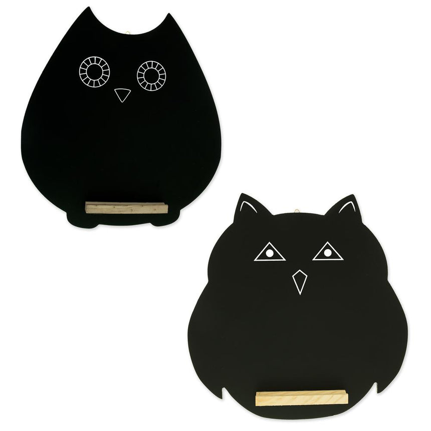 Wood Set of 2 Owl-Shaped Chalkboards Blackboards for Erasable Hanging Signs and Displays in Black color