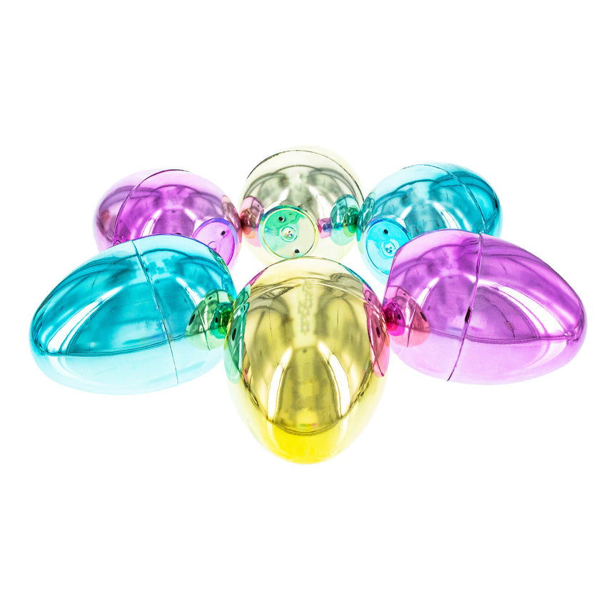 Set of 6 Large Fillable Multicolored Metallic Plastic Easter Eggs 4 Inches ,dimensions in inches: 4 x 2.95 x 2.95