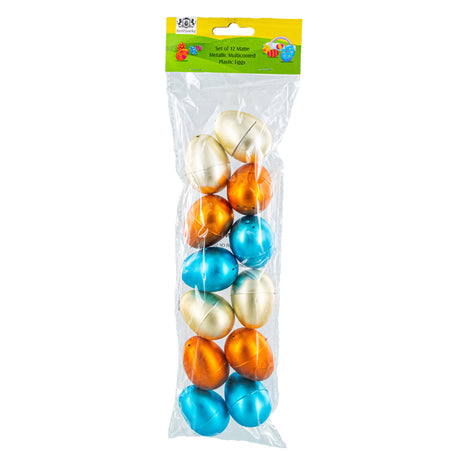 Set of 12 Multicolored Matte Metallic Plastic Easter Eggs 2.25 Inches ,dimensions in inches: 2.25 x 1.5 x 1.5