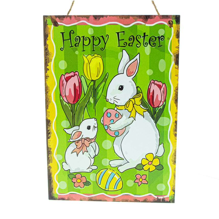 Wood Easter Bunnies on an Egg Hunt Decorative Plaque Wall Sign for Easter Celebrations 10 Inches in Multi color Rectangle