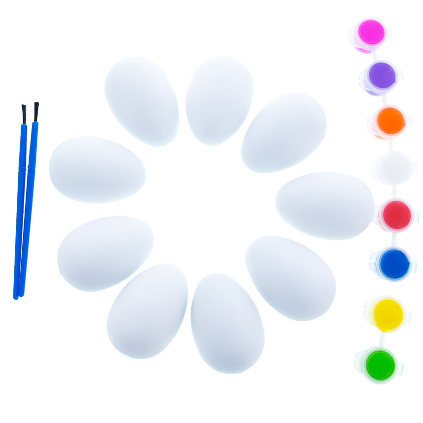 Plastic DIY Easter Egg Painting Kit – 9 Blank Plastic Eggs with 8 Paints & 2 Brushes for Decorating in White color Oval