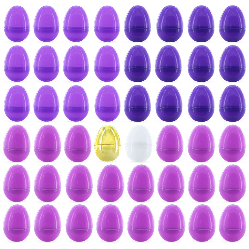 Plastic Set of 46 Purple Plastic Eggs, 1 White Egg + 1 Golden Easter Egg in Purple color Oval