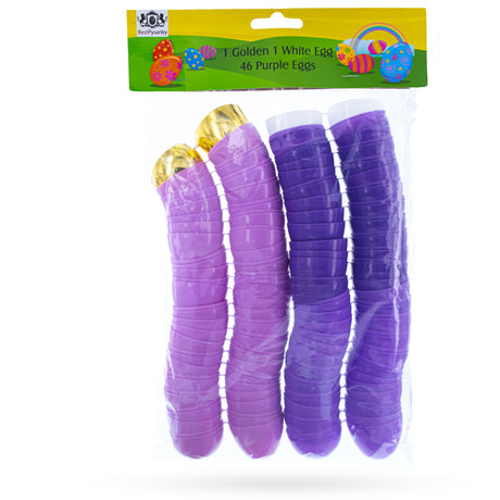 Set of 46 Purple Plastic Eggs, 1 White Egg + 1 Golden Easter Egg ,dimensions in inches: 2.25 x 1.65 x 1.65