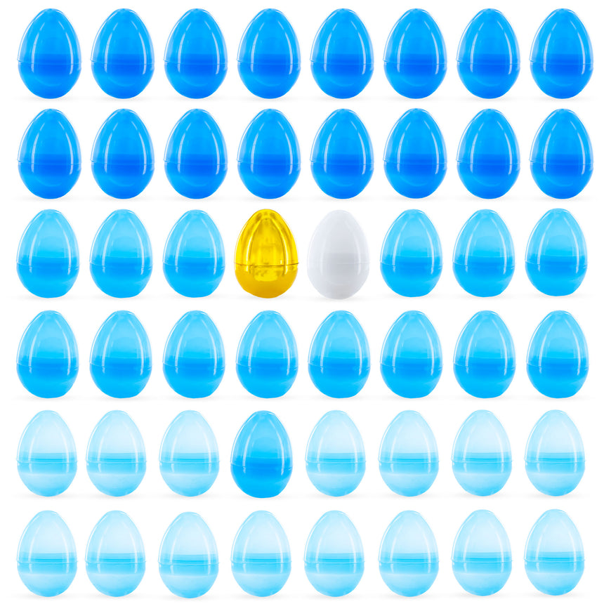 Plastic Set of 46 Blue Plastic Eggs, 1 White Egg, and 1 Gilded Golden Easter Egg in Blue color Oval