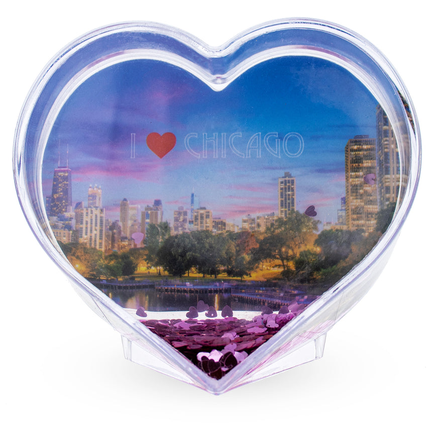 Chicago Love: Heart-Shaped Clear Acrylic Plastic Snow Globe Photo Frame ,dimensions in inches: 3.5 x  x 3.8