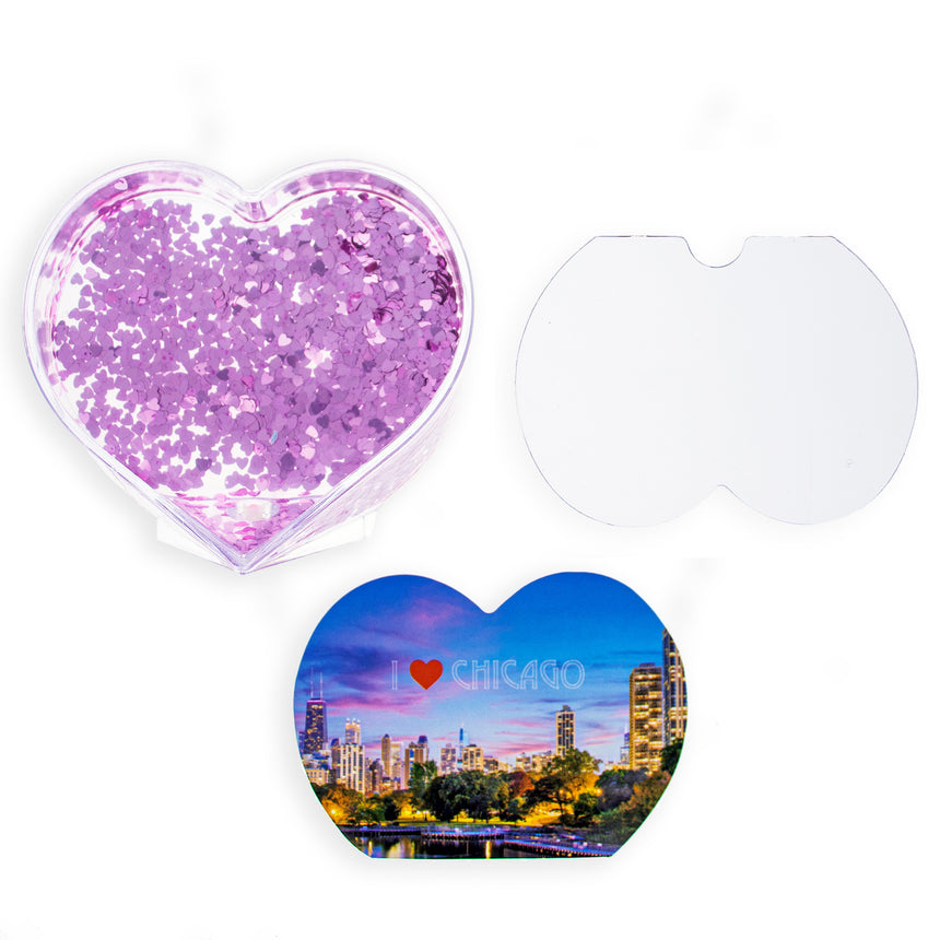 Chicago Love: Heart-Shaped Clear Acrylic Plastic Snow Globe Photo Frame