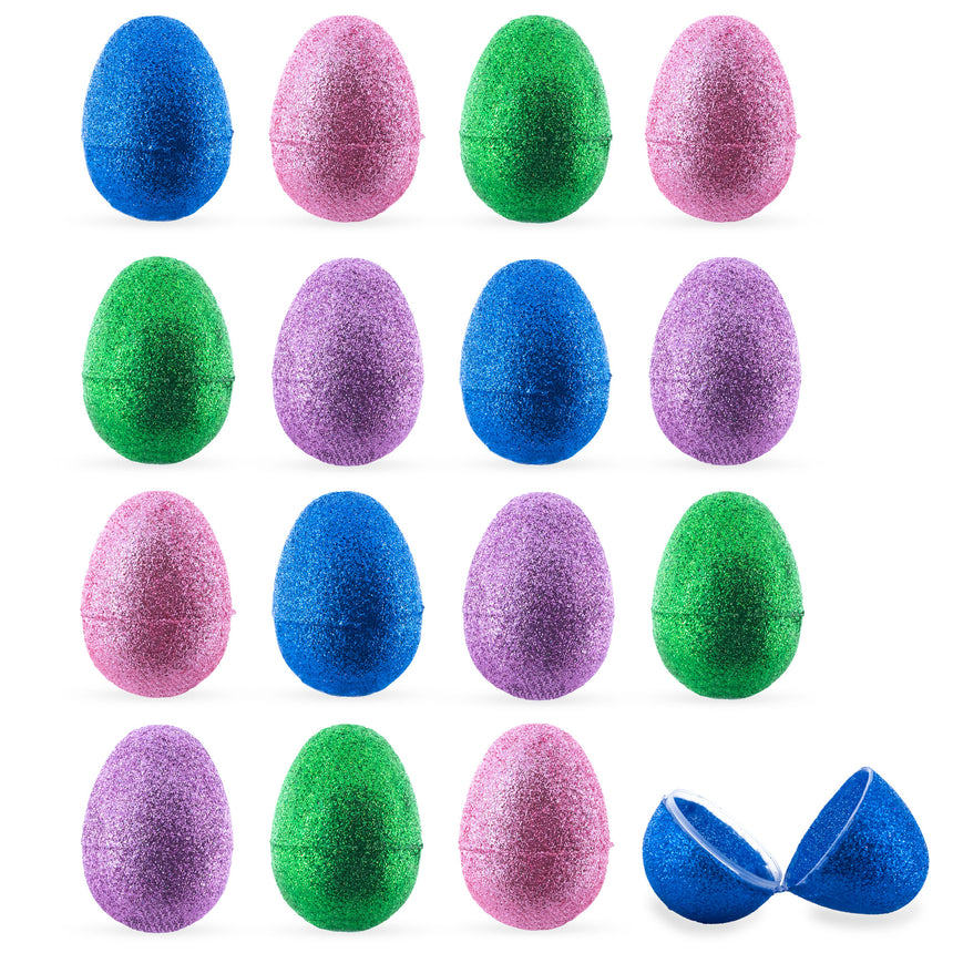 Plastic Set of 16 Shiny Glittered Multicolored Plastic Easter Eggs, 2.3 Inches in Multi color Oval