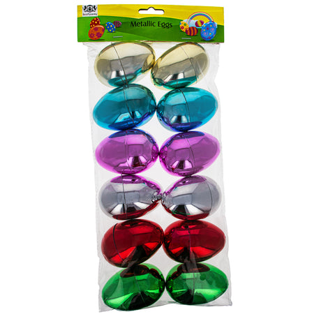 Set of 12 Reflective Metallic Multicolored Plastic Eggs, 3.05 Inches ,dimensions in inches: 3.05 x 2.1 x 2.1