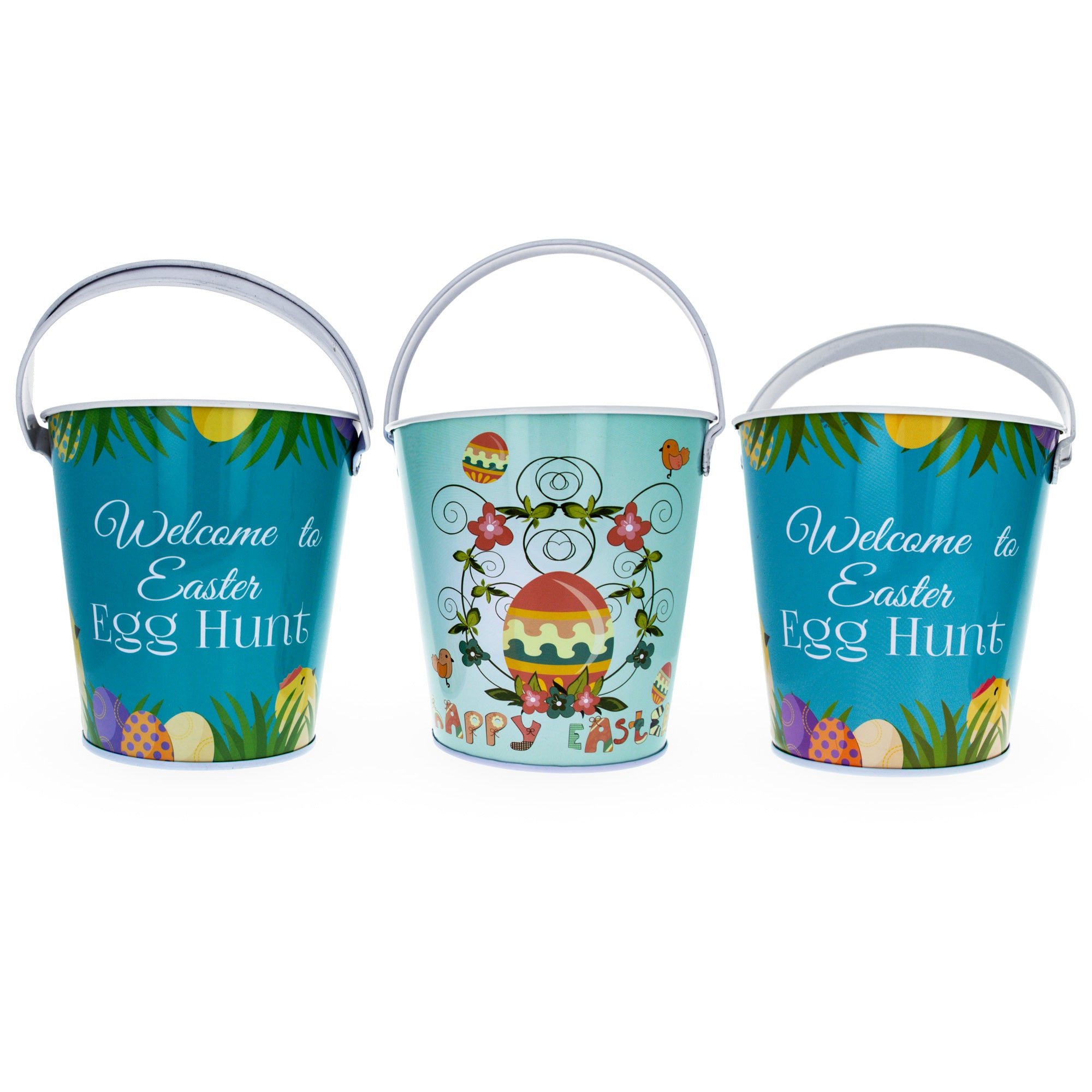 Set of 3 Decorative Easter Tin Metal Buckets 6.7 Inches Tall