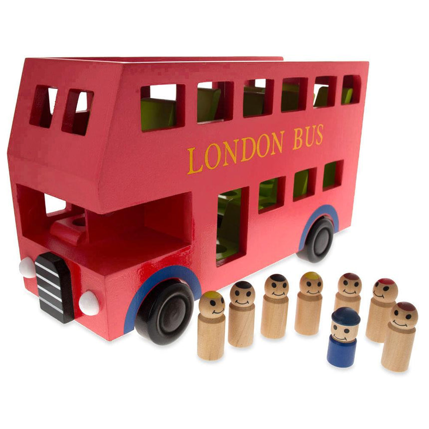 Wood Wooden Red Double Decker Bus with 8 Passengers Play Figurines 11.8 Inches in Red color Rectangular, Cylindrical