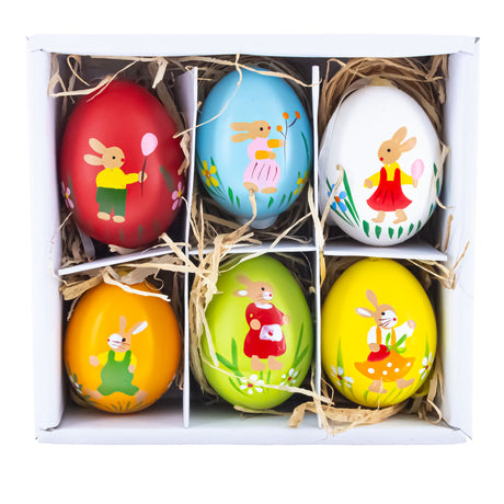 Eggshell Set of 6 Real Easter Egg Ornaments with Bunnies Decorations in Multi color Oval