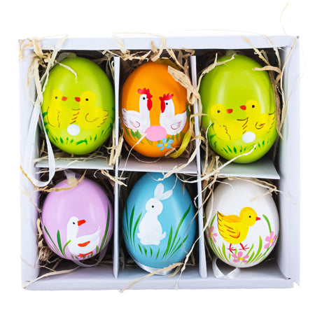 Eggshell Set of 6 Real Eggshell Bunny, Chick and Goose Easter Egg Ornaments in Multi color Oval