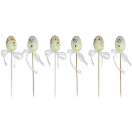 Plastic Set of 6 Picks Butterfly and Bee Plastic Easter Eggs on Sticks 10 Inches in White color Oval