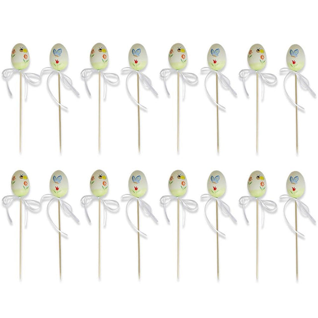 Plastic Set of 18 Picks Butterfly and Bee Plastic Easter Eggs on Sticks 10 Inches in White color Oval