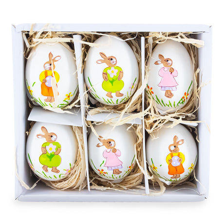 Eggshell Set of 6 Real Eggshell Hand Painted Bunny Easter Egg Ornaments 2.5 Inches in White color Oval