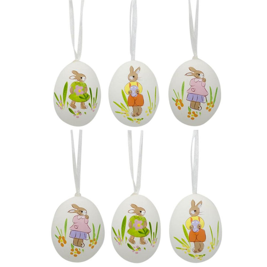 Eggshell Set of 6 Real Eggshell Hand Painted Bunny Easter Egg Ornaments 2.5 Inches in White color Oval