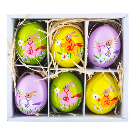 Eggshell Set of 6 Real Eggshell Bunny and Flowers Pysanky Easter Egg Ornaments 2.5 Inches in Multi color Oval