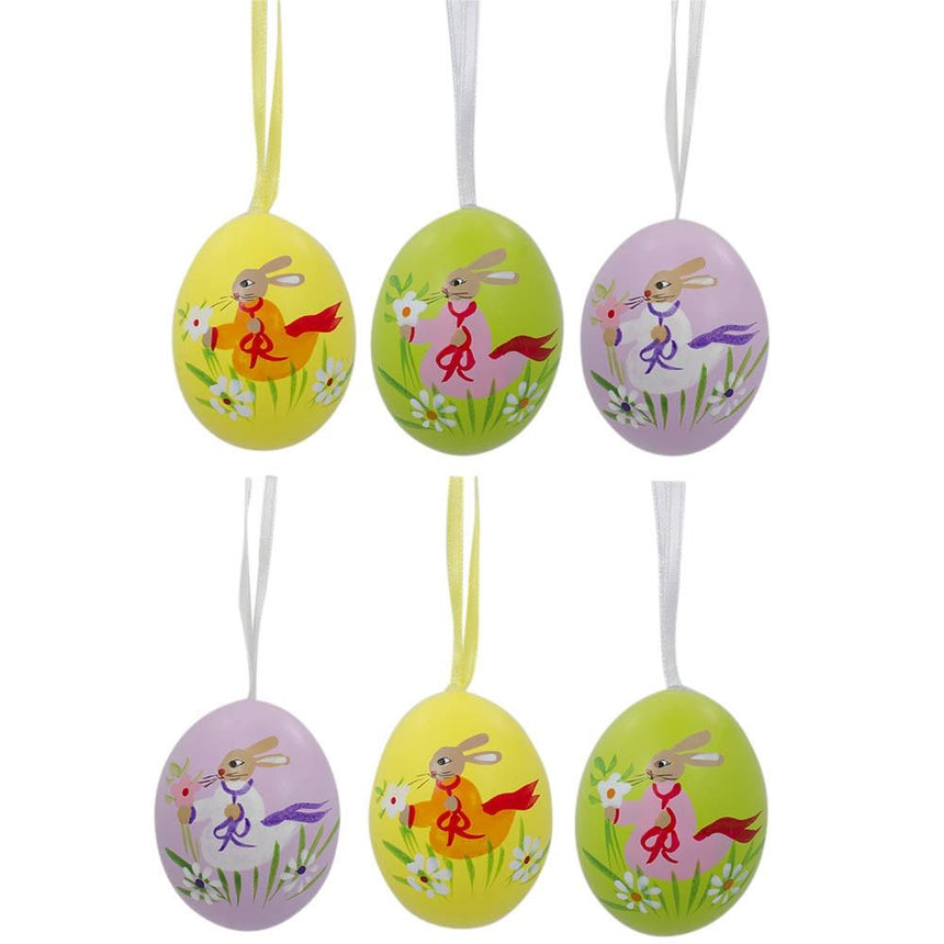 Eggshell Set of 6 Real Eggshell Bunny and Flowers Pysanky Easter Egg Ornaments 2.5 Inches in Multi color Oval