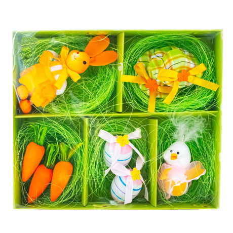 Plastic 9 Easter Bunny, Hats, Eggs, Chick, Carrots Figurines in Multi color