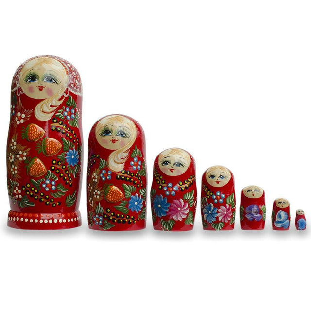 Wood Set of 7 Embossed Strawberries on Red Dress Nesting Dolls 8.5 Inches in Red color Cylindrical