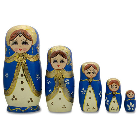 Wood Set of 5 Blue Scarf and White Dress Girls Nesting Dolls 6.5 Inches in Blue color Cylindrical