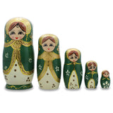 Wood 5 Girls in Green and Gold Scarf Nesting Dolls 6.5 Inches in Green color Cylindrical