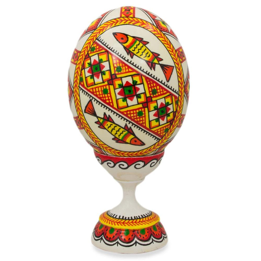 Wood Fish Ukrainian Wooden Easter Egg Pysanka on a Stand 3.75 Inches in White color Oval