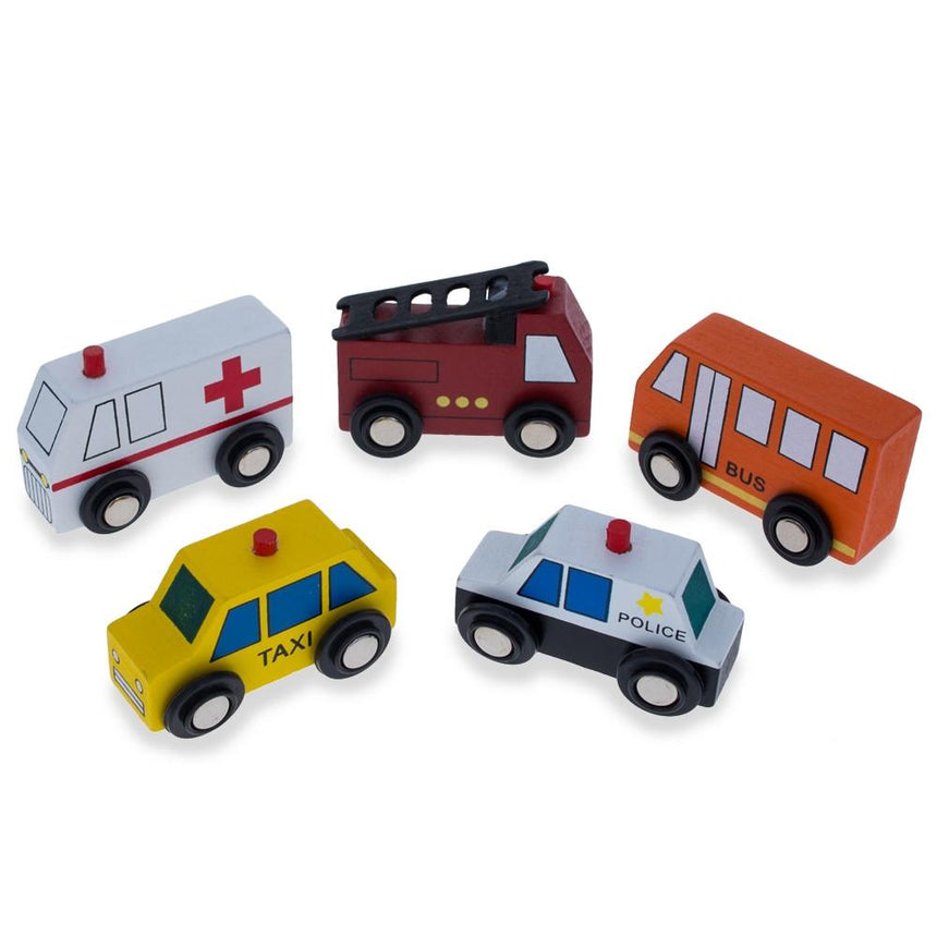 Set of 40 Pieces City Vehicles, Buildings, and Signs Wooden Blocks ,dimensions in inches: 2.75 x 2 x 9.62