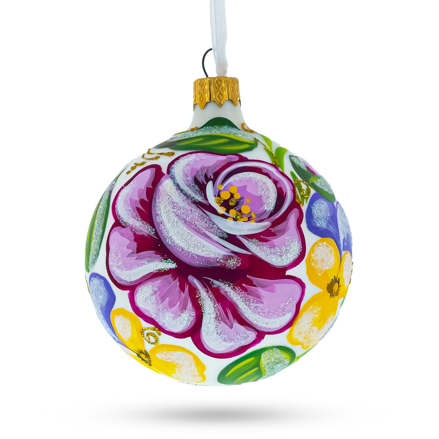 Glass Beautiful Pink Roses Blown Glass Ball Christmas Ornament 3.25 Inches in Multi color Round