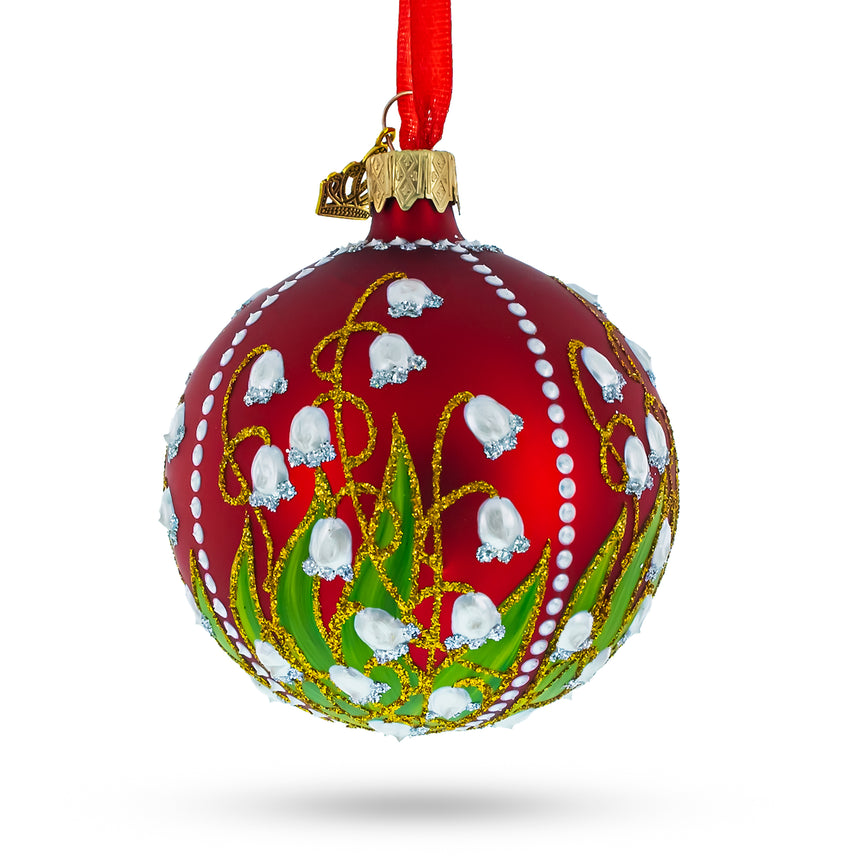 Glass 1898 Lilies of the Valley Royal Egg Blown Glass Ball Christmas Ornament 3.25 Inches in Red color Round