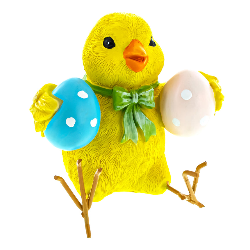 Cheerful Chick Clutching Colorful Easter Eggs Figurine ,dimensions in inches: 3.4 x 3.2 x 3