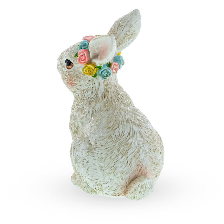 Floral-Adorned White Bunny: Elegant Decorative Figurine ,dimensions in inches: 4.2 x 2.6 x 2.2