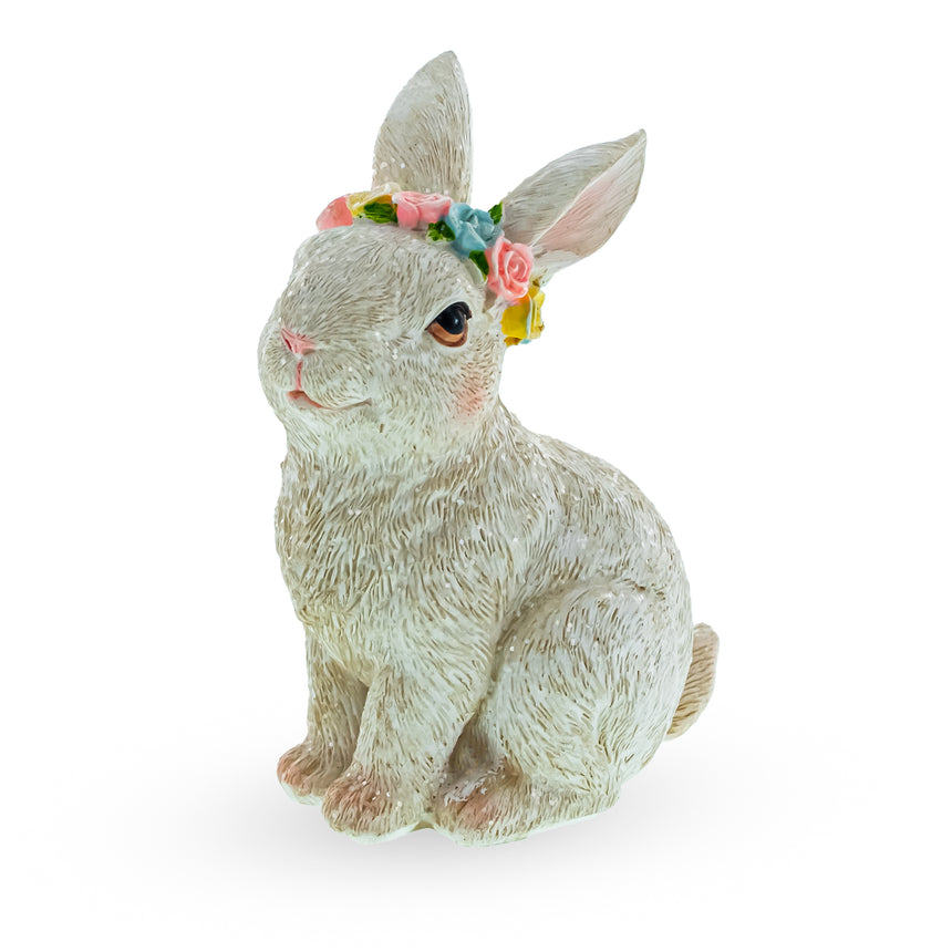 Resin Floral-Adorned White Bunny: Elegant Decorative Figurine in Multi color