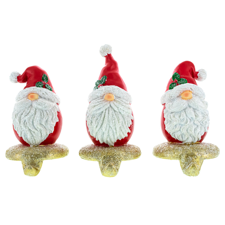 Resin Set of 3 Santa Gnome Stocking Holders – Festive Christmas Mantel Decor in Multi color