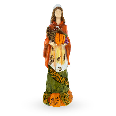 Resin Pilgrim Woman Holding Horn of Plenty Cornucopia Thanksgiving Figurine in Multi color