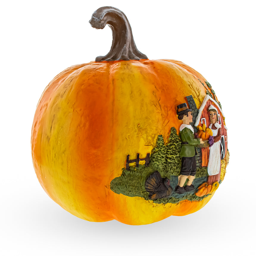 Harvest Harmony: Pumpkin with Couple Figurine ,dimensions in inches: 7.7 x 7.2 x 7.2