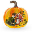 Resin Harvest Pumpkin Pilgrim Scene Thanksgiving Decoration with Rustic Barn Design Figurine in Multi color