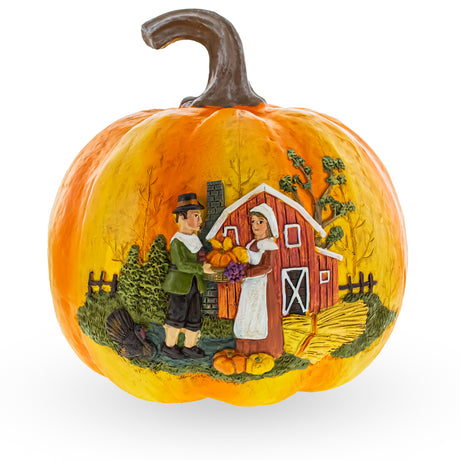 Resin Harvest Harmony: Pumpkin with Couple Figurine in Multi color