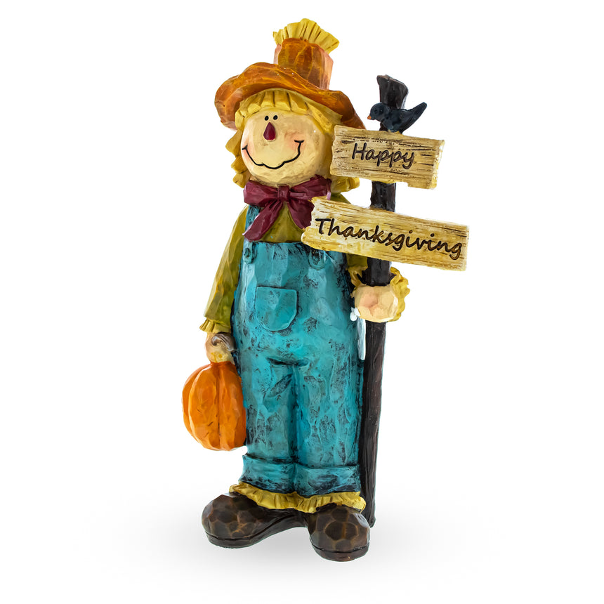 Resin Friendly Scarecrow Holding Happy Thanksgiving Sign Figurine in Multi color