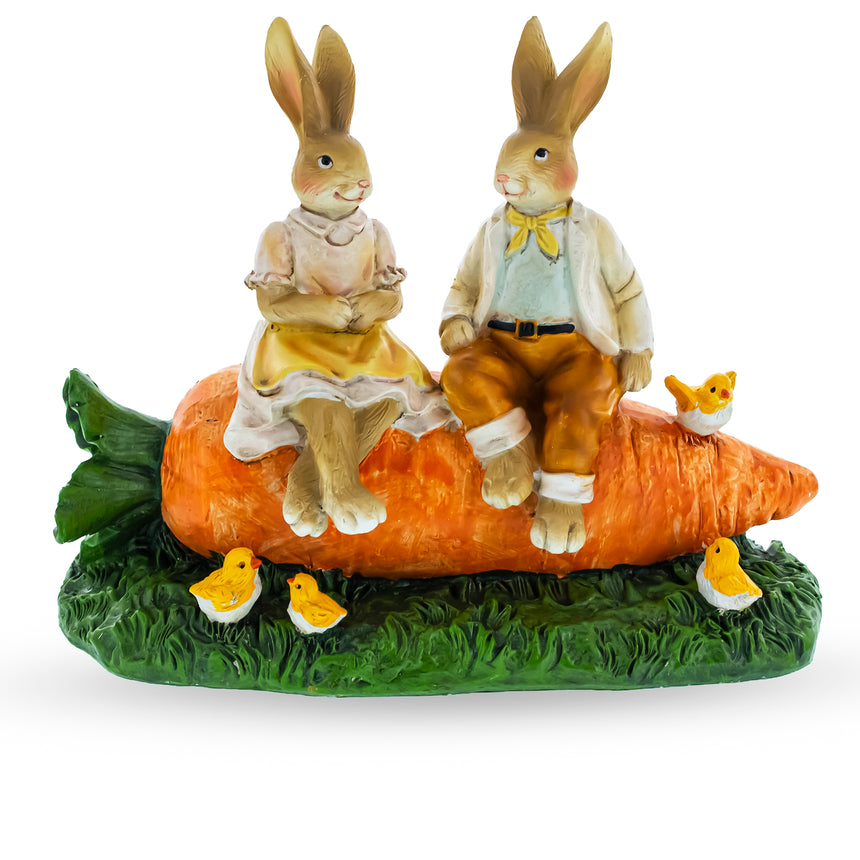 Resin Bunny Couple in Love Sitting on a Carrot Figurine in Multi color