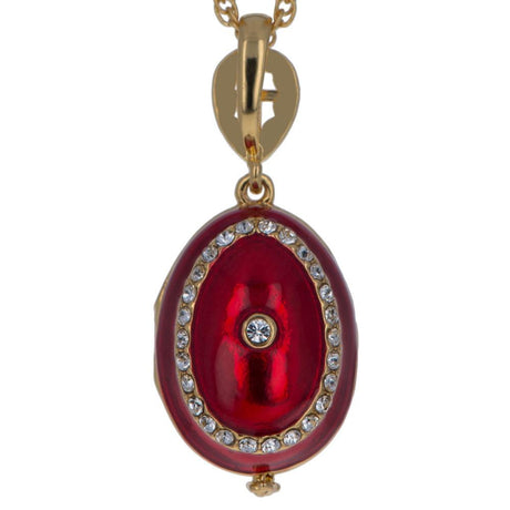 Red Enamel Brass 50 Crystals Triptych Icons Royal Egg Pendant Necklace ,dimensions in inches: 20 x 20 x 0.57