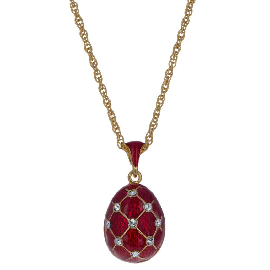 Pewter 18 Crystals Red Enamel Brass Royal Egg Pendant Necklace 20 Inches in Multi color Oval